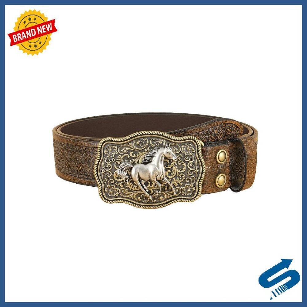 Vintage Western Belt with Metal Buckle - Faux Leather Floral Design